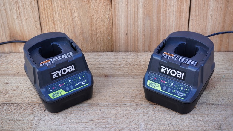 Ryobi NiCad chargers on shelf