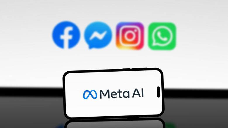 Meta AI on iPhone with logos of Facebook, Messenger, Instagram, and WhatsApp