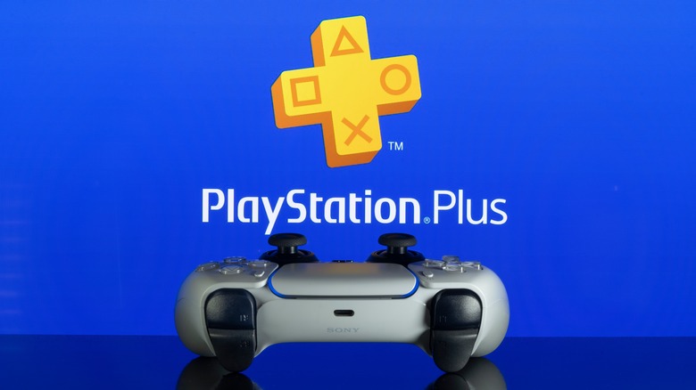 PS5 controller in front of PlayStation Plus logo