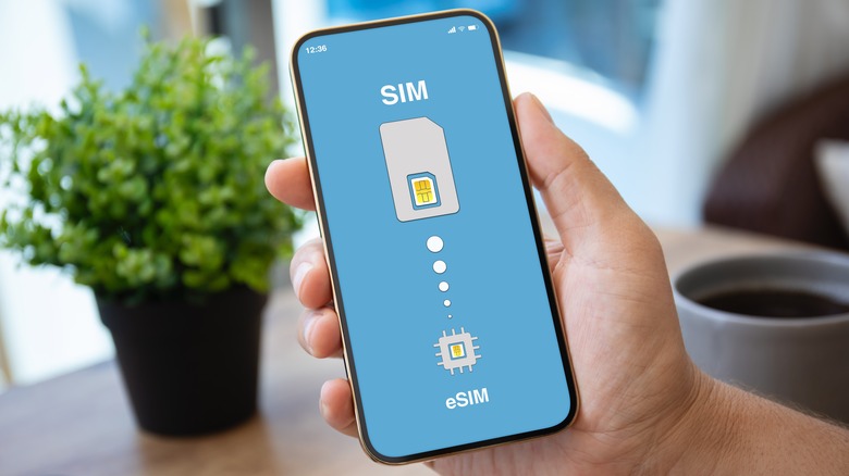 SIM card and eSIM logo on smartphone