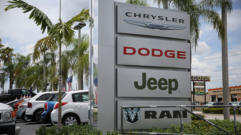 Chrysler, Dodge, Jeep, Ram signage outside a dealership