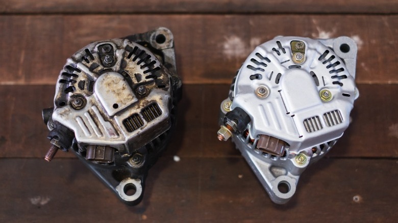 an old alternator (core) next to a new one