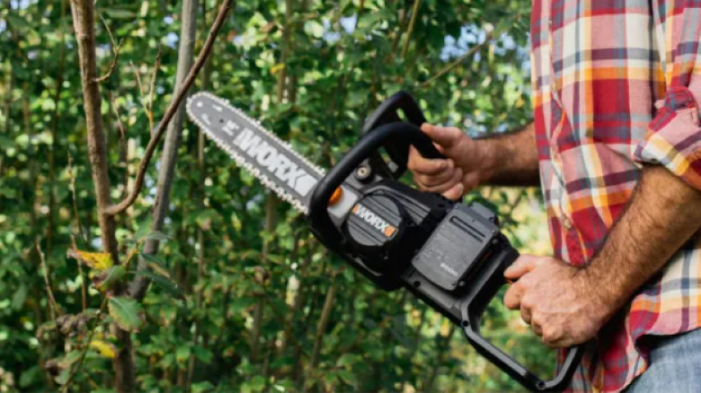 Man holding a Worx chainsaw