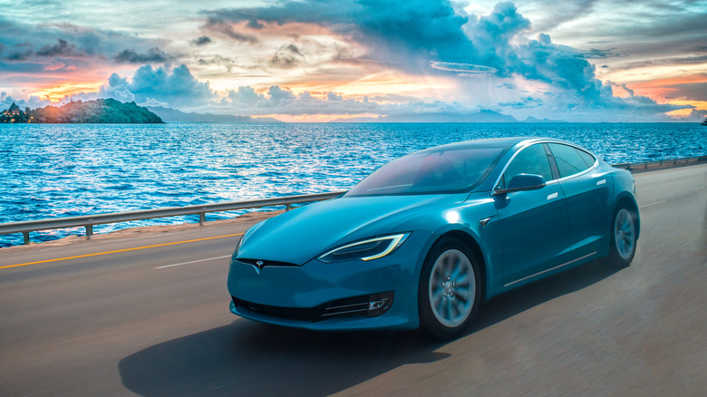 Tesla Model S drives on the coast