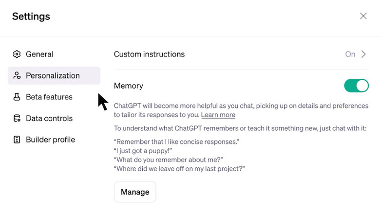 Memory settings for ChatGPT