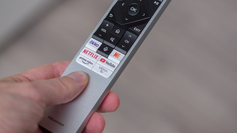 A silver color Hisense TV remote