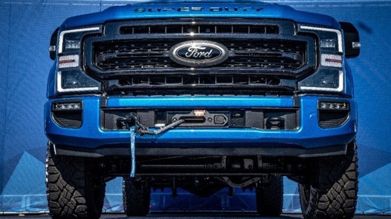 Underside of a blue Ford F-250 Super Duty