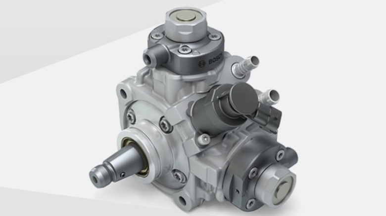 The Bosch Mobility CP4 high-pressure diesel fuel injection pump on white background