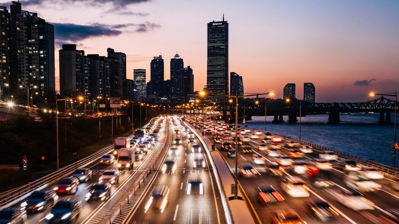 heavy traffic in big city at dusk