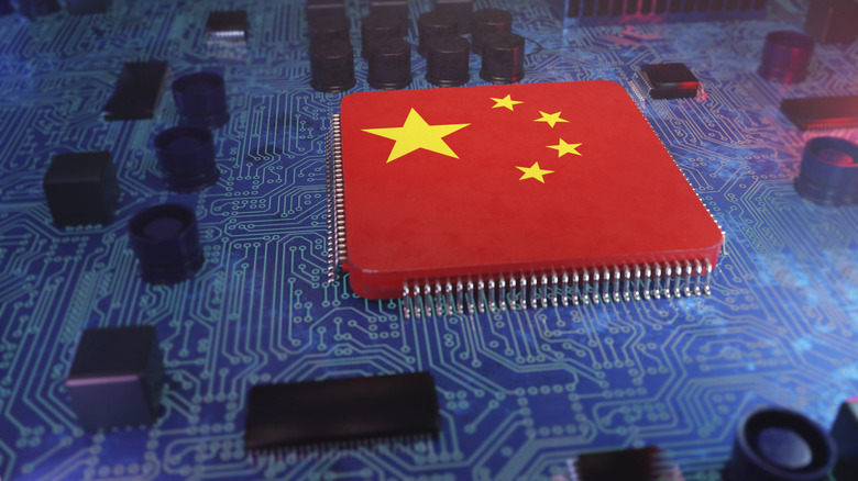 Computer chip with Chinese flag, 3d conceptual illustration.