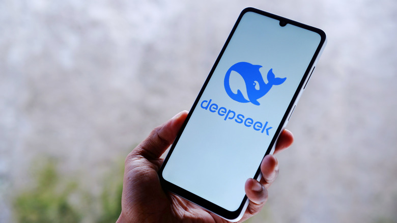 A hand holding a mobile phone displaying the DeepSeek name and logo. The background of the image is grey and blurry.