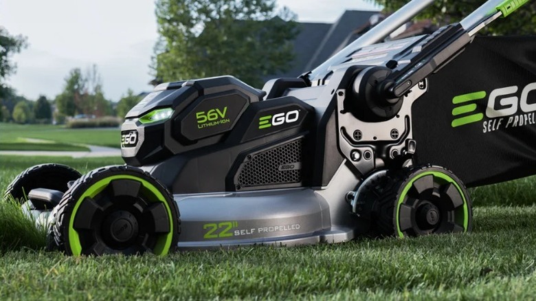 Close up of Ego mower cutting grass