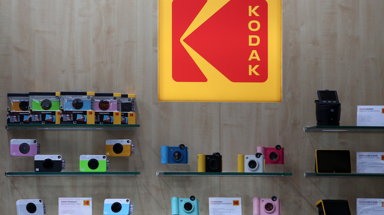 A display of various Kodak cameras.