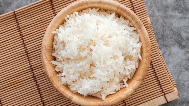 bowl of white rice on a placemat