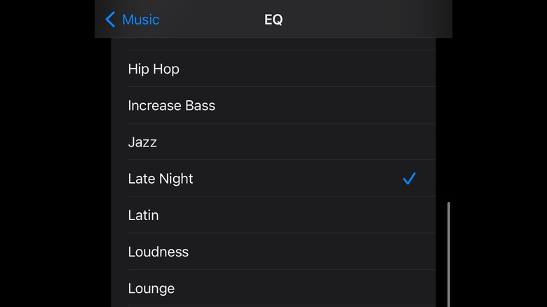 iPhone settings music EQ menu