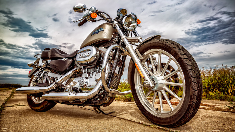 Harley-Davidson Sportster parked front wheel