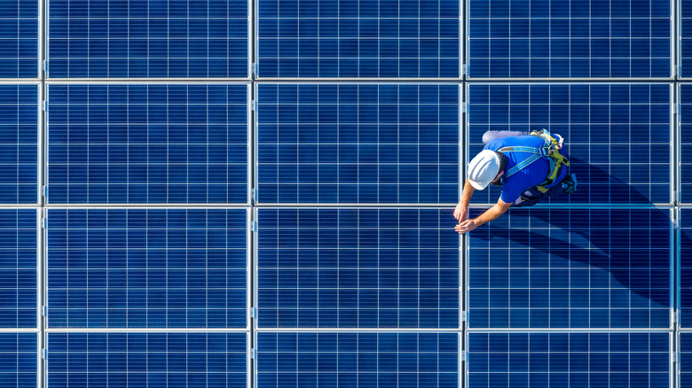 Blue solar panels pictured from above