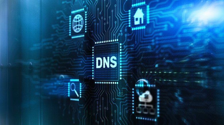 Digital graphic showing DNS and related icons