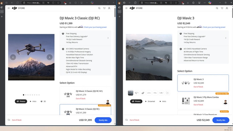 Screenshot of DJI store pages