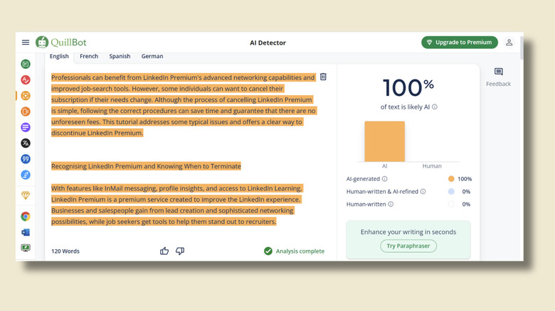 Screenshot showing Quillbot's humanized text receiving a score of 100% AI on Quillbot AI detector