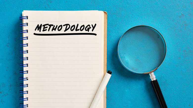 The word Methodology written on a spiral notebook next to a magnifying glass on a blue background