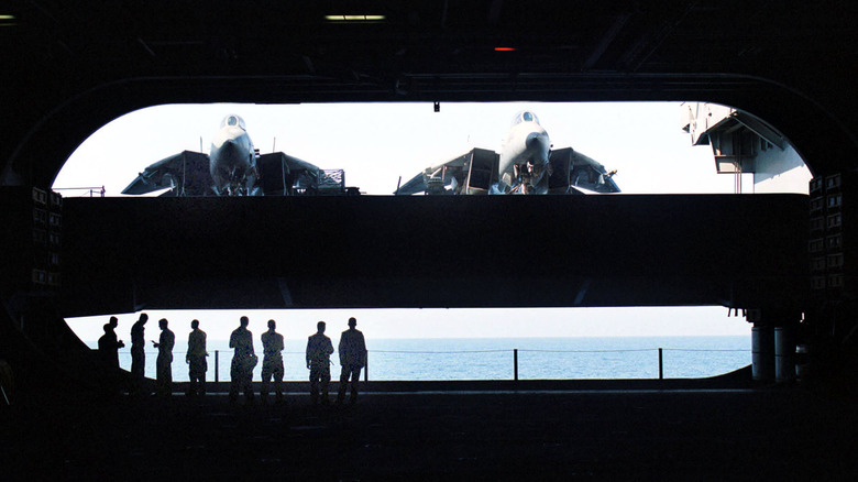 F-14 Tomcats on aircraft carrier elevator