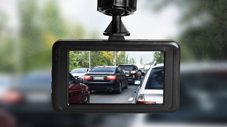 Dashcam attached to car windshield