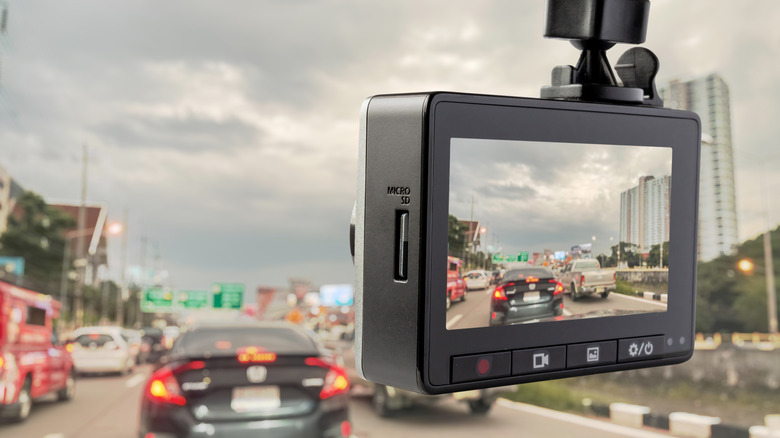 Dashcam mounted on front windshield