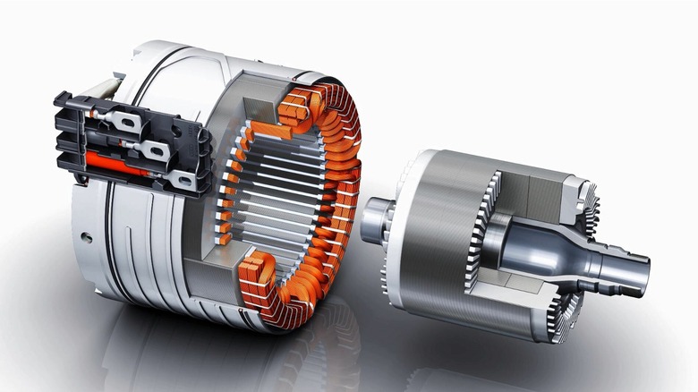 Exploded view of Audi asynchronous ev engine on white background