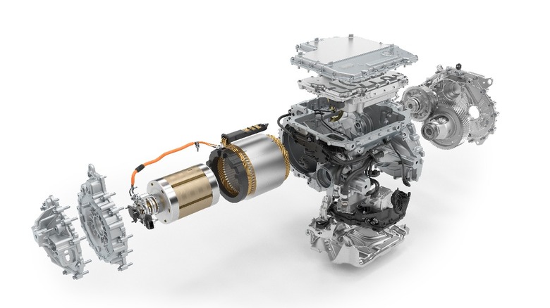 exploded view of BMW synchronous electric motor on white background