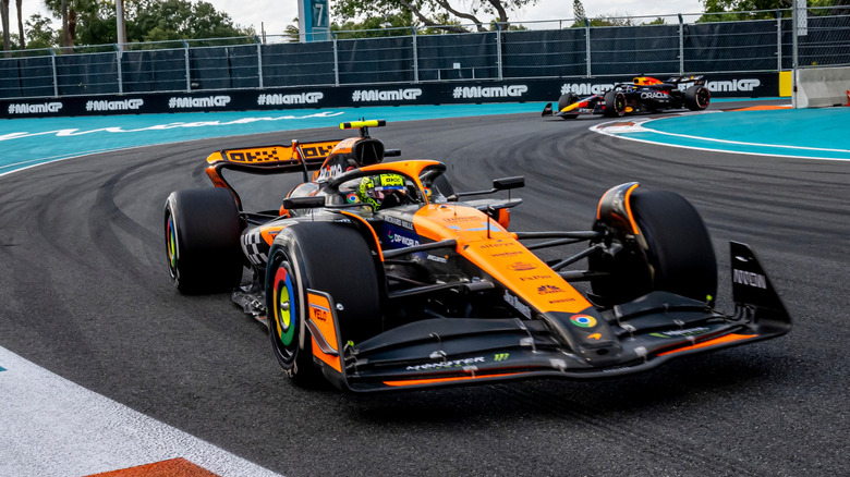 McLaren leading Red Bull out of a corner at 2024 United States Grand Prix in Miami, front-view