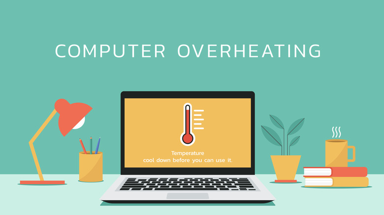 An illustration of a laptop computer overheating on top of an office desk