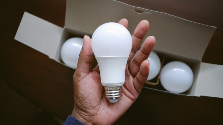 Hand holding an LED bulb above box of additional bulbs