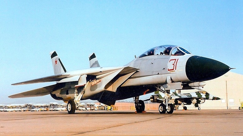 F-14 Tomcat with wings folded on runway