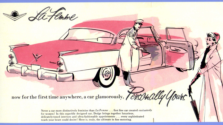 Illustrated advertisement for the 1955 Dodge La Femme of valet opening door for woman