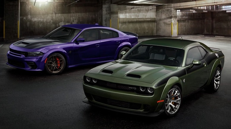 Challenger and Charger in parking garage