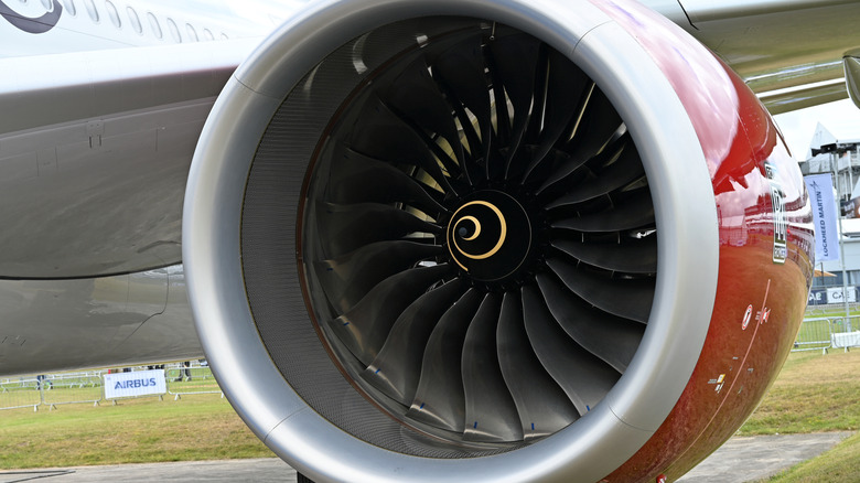 A Rolls-Royce Trent engine powered down on a runway