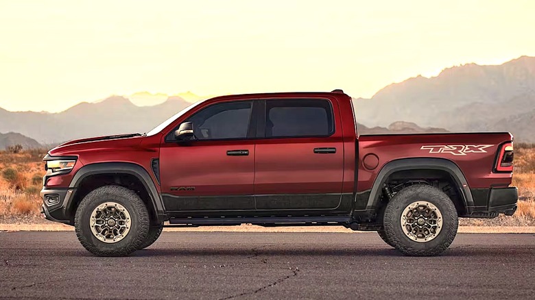 A red Ram TRX truck parked on the road