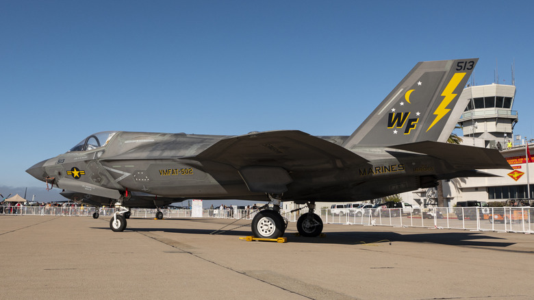 A U.S. Marine F-35B Lightning II (Joint Strike Fighter) displayed at the Marine Corps Air Station Miramar on September 28, 2024 in San Diego, California.