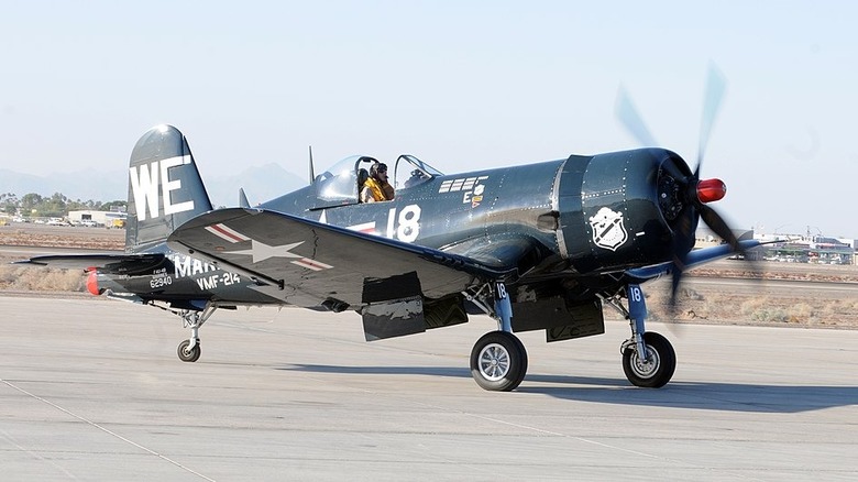 A Vought F4U-4B Corsair, piloted by Dan Friedken, idles at the Marine Corps Air Station in Yuma, Ariz., Nov. 8, 2010