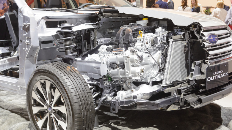 Subaru car with hood cut off to show a boxer or flat engine