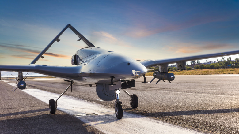 A UAV ready to take off on a military runway