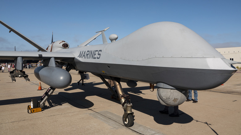 A MQ-9 Reaper unmanned aerial vehicle is displayed at an airshow