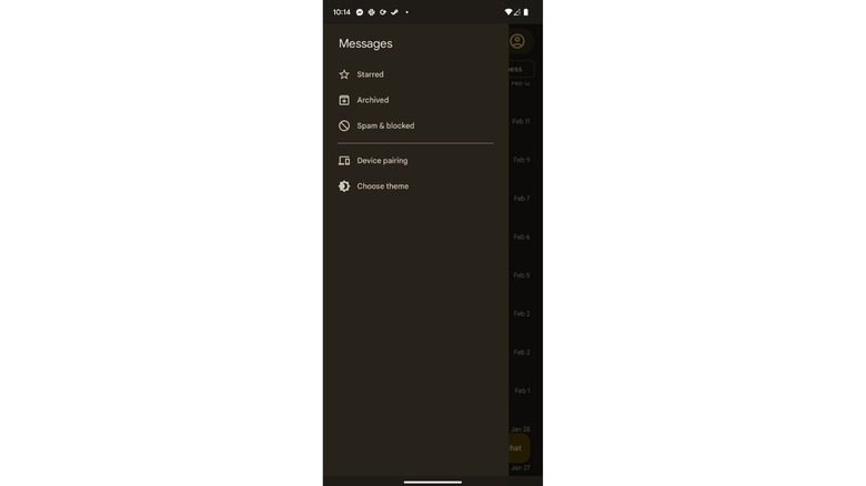screenshot of Messages quick settings menu
