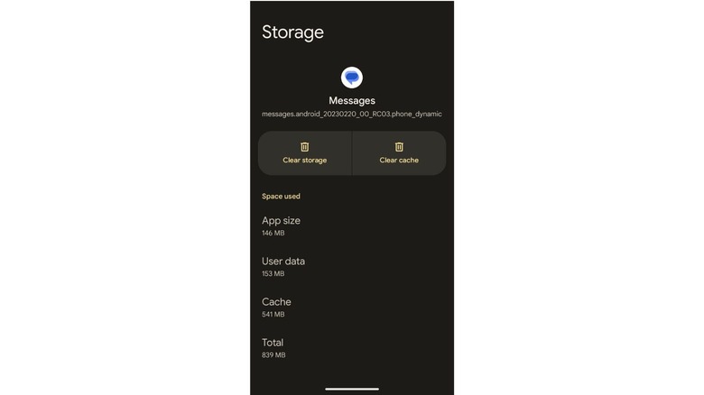 screenshot of the storage menu for Messages