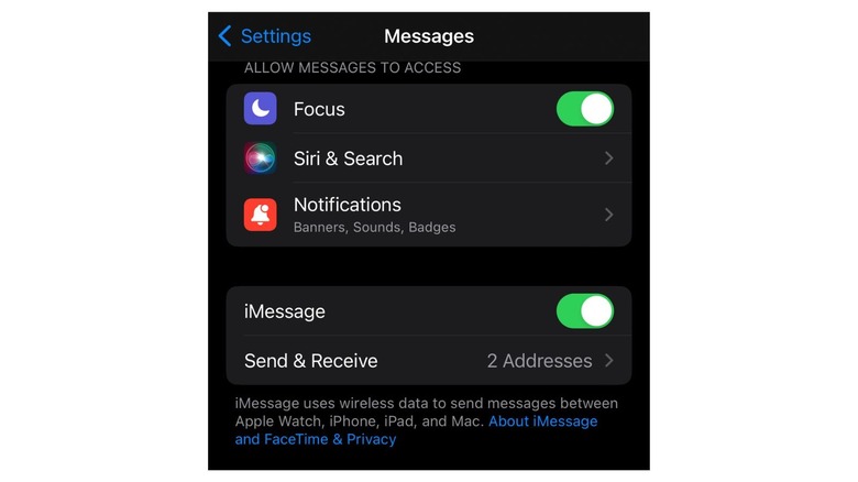 screenshot of iMessages settings menu