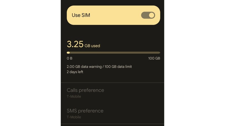 screenshot of the SIM menu on Android