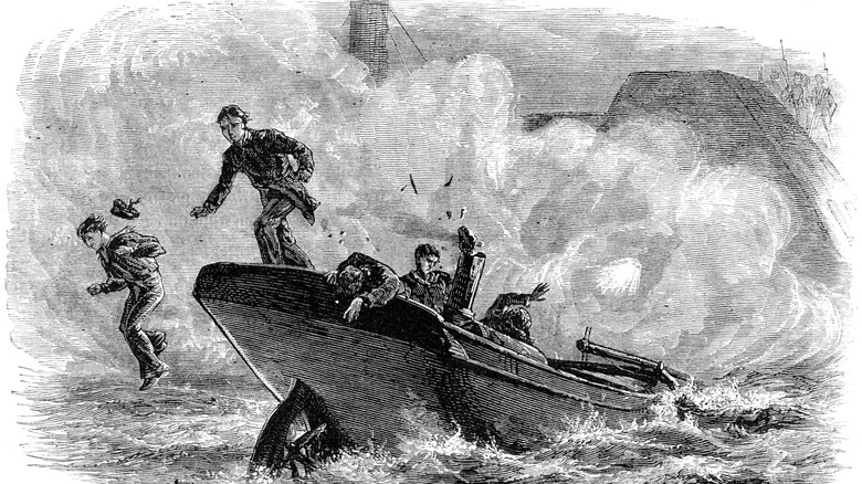 Small Union steam launch armed with a torpedo attacks Confederate ironclad warship Albemarle