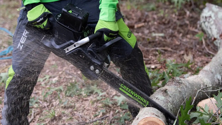 Electric chainsaw used on tree