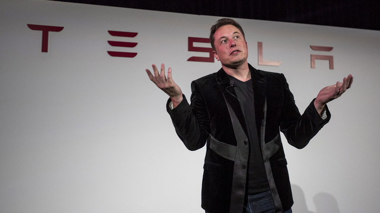 Elon Musk stands in front of a Tesla backdrop